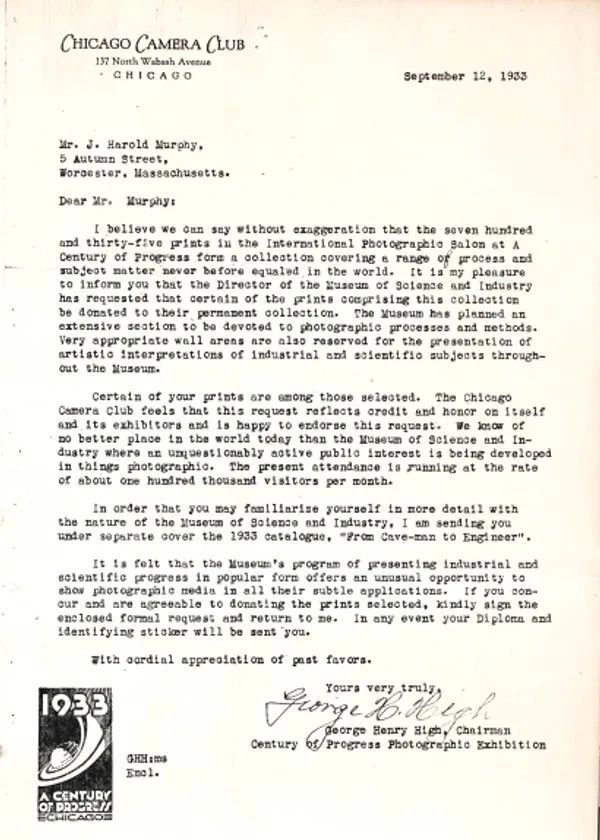 A typed letter from the Chicago Camera Club dated September 12, 1933, discussing photographic prints for a museum exhibition.