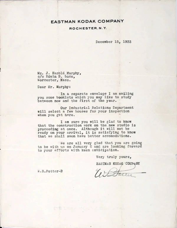 A typed letter from Eastman Kodak Company dated December 15, 1933, addressed to Mr. J. Harold Murphy.