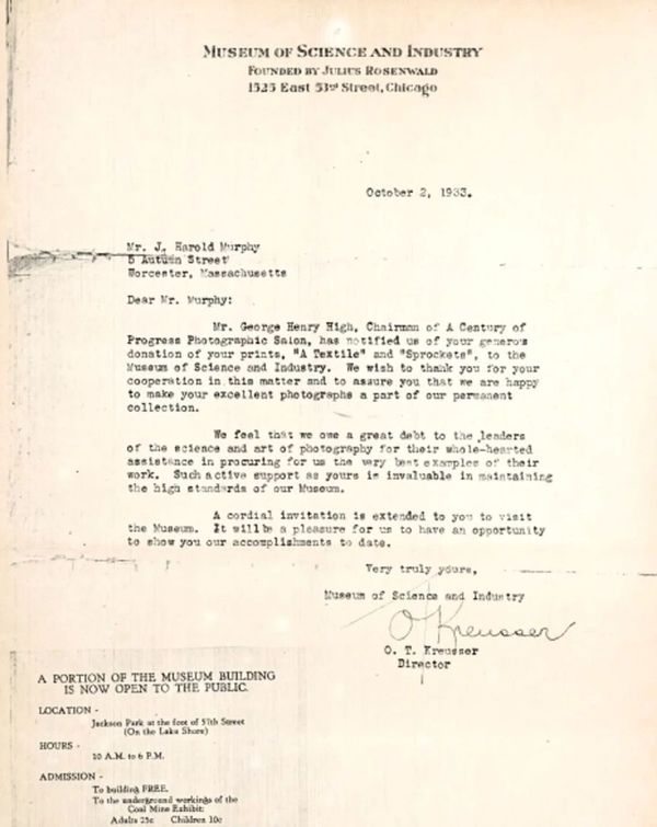 1933 letter from Museum of Science and Industry thanking Mr. Murphy for donating photographs.