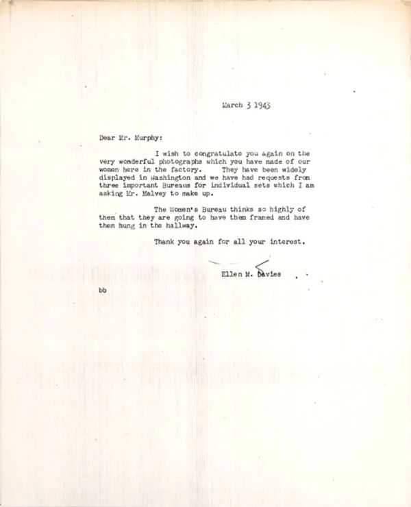 A typed letter from 1943 congratulating Mr. Murphy on his photographs of women at a factory.