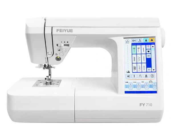 White FEIYUE FY 710 computerized sewing machine with touchscreen.