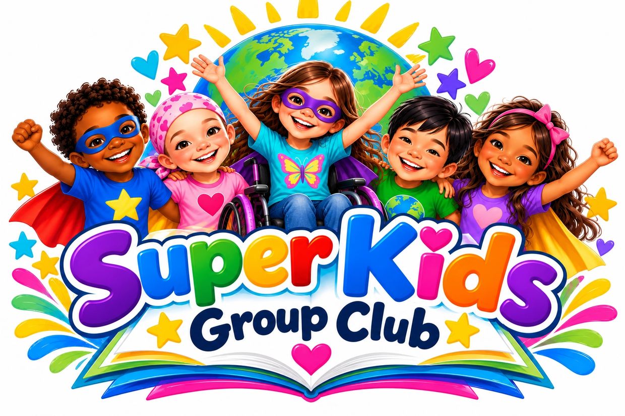 Colorful illustration of diverse super kids with a globe and stars.