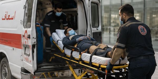 Two paramedics loading a patient into an ambulance.