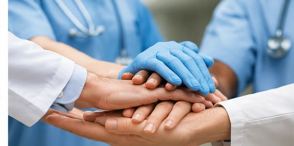 Hands of medical staff stacked together.