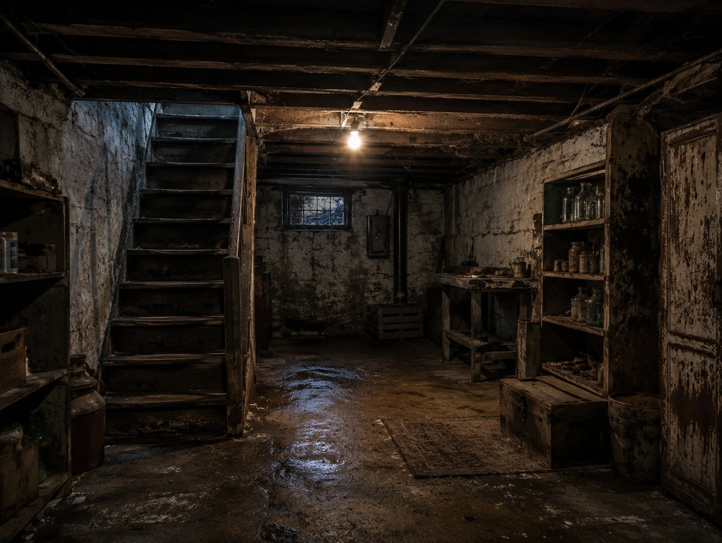 Dimly lit, old, and dusty basement with wooden stairs.