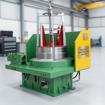 Industrial machine with green base and red components in a workshop.