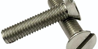 Two silver metal screws with different head types on a white background.