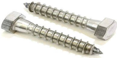 Two large metal screws with hexagonal heads on a white background.