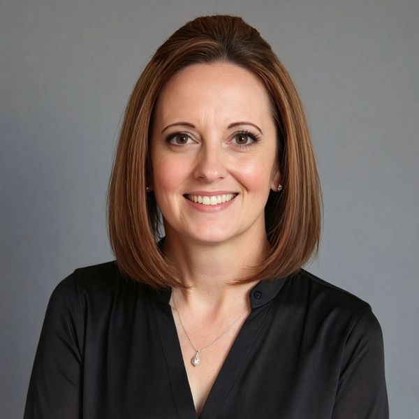 Smiling woman with shoulder-length brown hair in a black blouse.