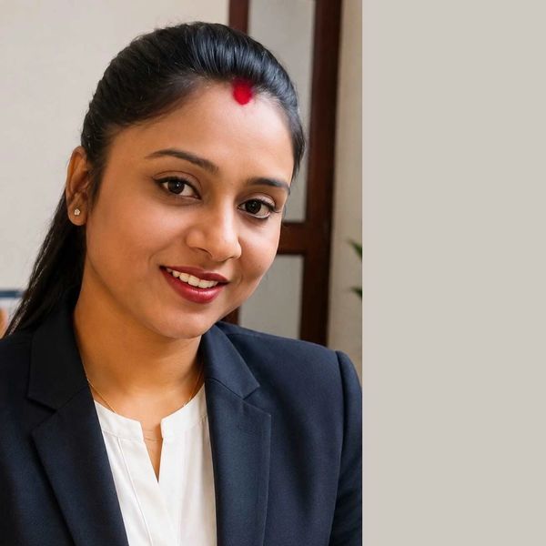 A smiling woman dressed in formal attire.