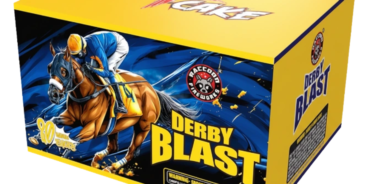 Raccoon Fireworks presents Derby Blast, a 500gram RDX cake with a  horse racing theme on the package