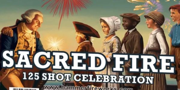 Illustration of diverse children meeting a historical figure with fireworks above, celebrating 'Sacred Fire 125 Shot Celebration'.