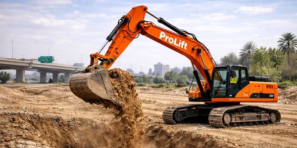 Orange excavator digging a trench at a construction site.