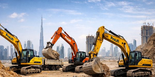 Three excavators moving dirt at a construction site with city skyscrapers in the background.