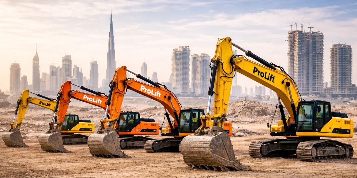 Lineup of ProLift excavators at a construction site with city skyline in the background.


