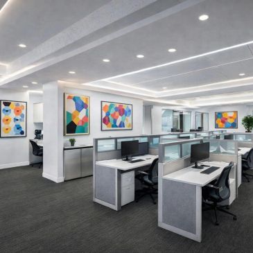 Modern office space with cubicles and colorful abstract art.