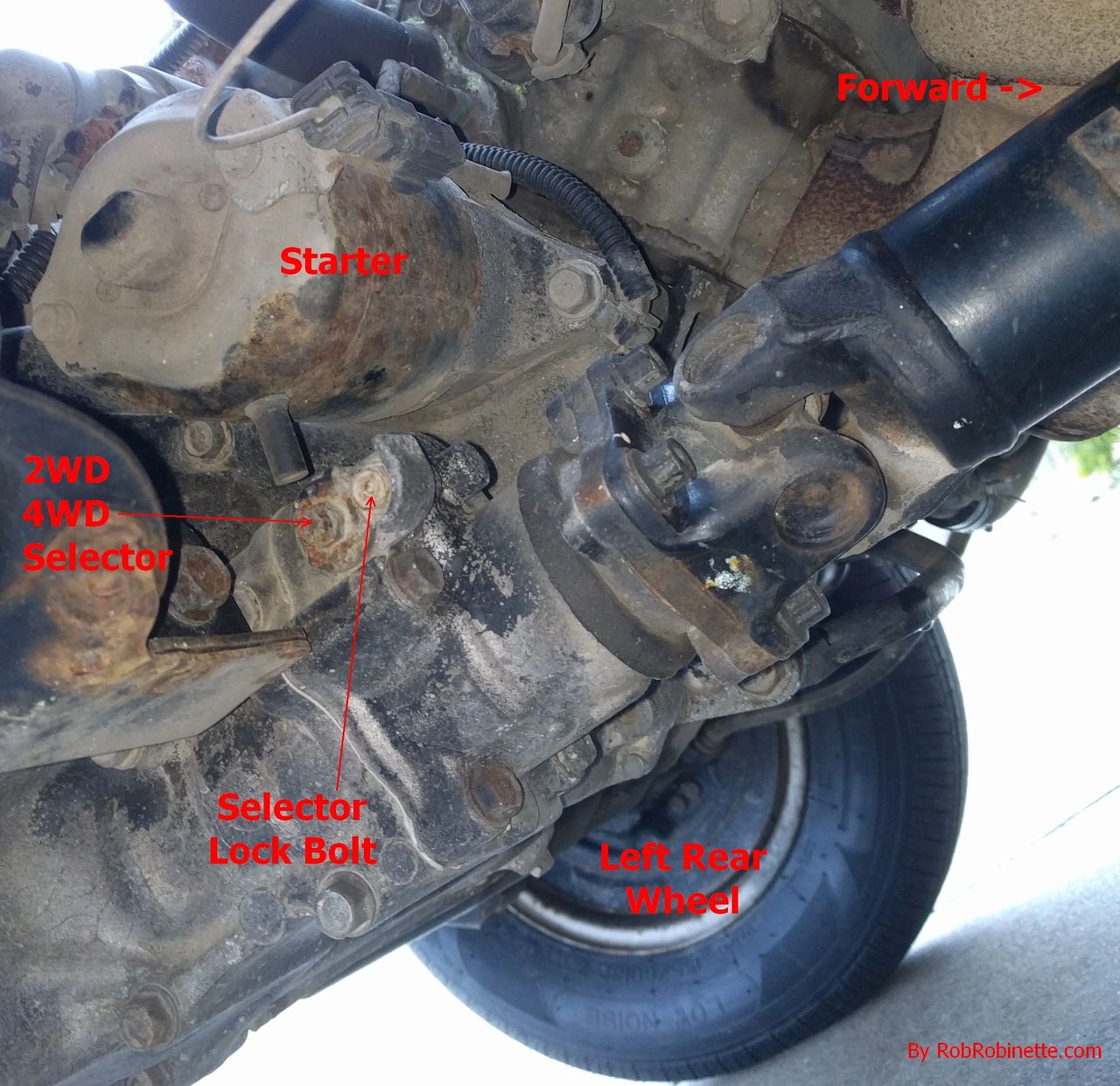 Loosen the Lock Bolt several turns then rotate the Selector Bolt as far as you can counter-clockwise to select 2-wheel rear drive. Turn it full clockwise for 4 wheel drive. Tighten the lock bolt. - PHOTO AND INFO FROM ROBROBINETTE.COM