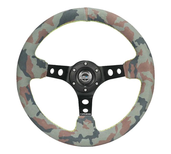 NRG 350MM DEEP DISH CAMO SUEDE STEERING WHEEL | NEON GREEN STITCH & BLACK SPOKE | RST-006MB-S-CAMO                                                                                                              SHOP AT OIWAGARAGE.CO