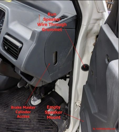 To get to the right stereo channel speaker wire remove the brake master cylinder access door by pulling it off then unbolt the master cylinder to give you room to reach behind it and access the wire which is taped to another wire bundle. PHOTO AND INFO FROM ROBROBINETTE.COM To get to the right stereo channel speaker wire remove the brake master cylinder access door by pulling it off then unbolt the master cylinder to give you room to reach behind it and access the wire which is taped to another wire bundle. PHOTO AND INFO FROM ROBROBINETTE.COM