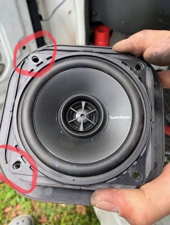 These Rockford Fosgate RFx4 Prime 4 inch speakers fit but you have to trim off the plastic ridge at all 4 corners (highlighted above) and remove the speaker cup with a razor knife. They are coaxial speakers (tweeter & woofer) and sound good in the small ACTY cabin. Photo and speaker information by Dave Heaps.