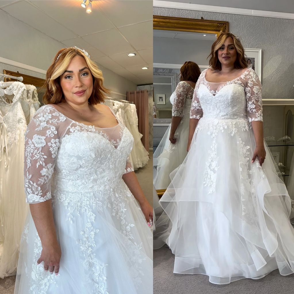 Sophia plus size wedding dress with layered hanker chief hem skirt 
