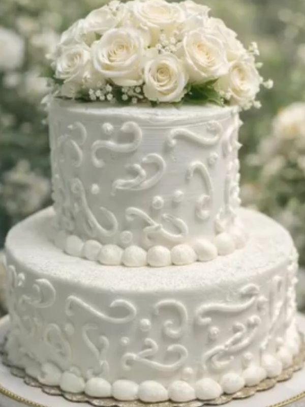 Elegant two-tier white wedding cake decorated with white roses.