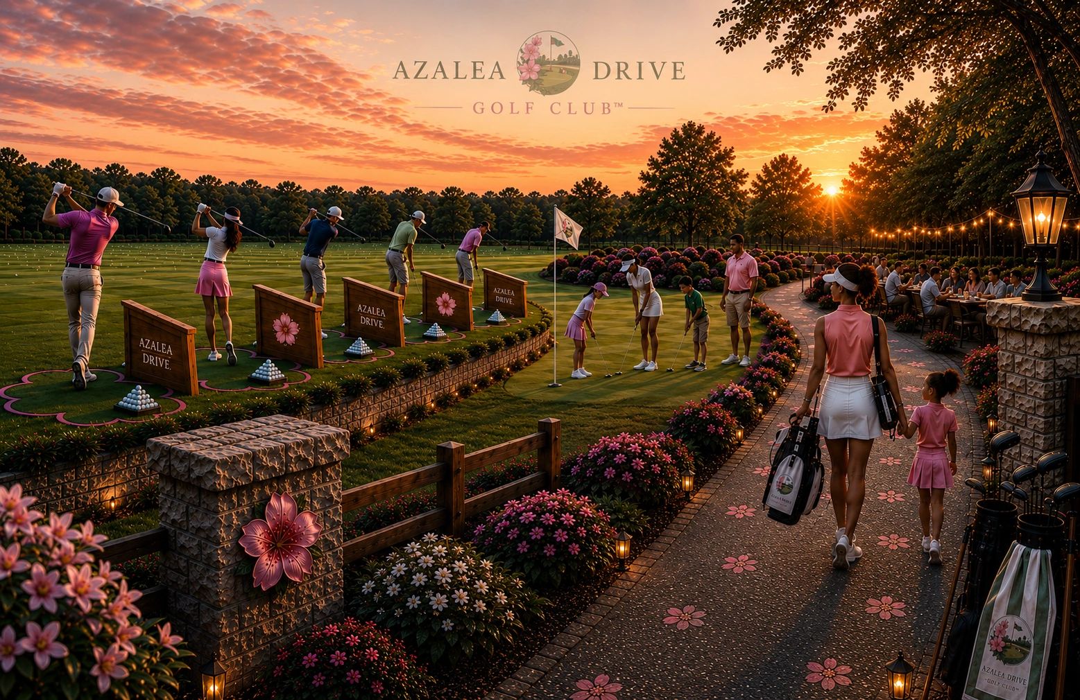 A premium boutique golf practice club detailed with azaleas and unique landscaping. 