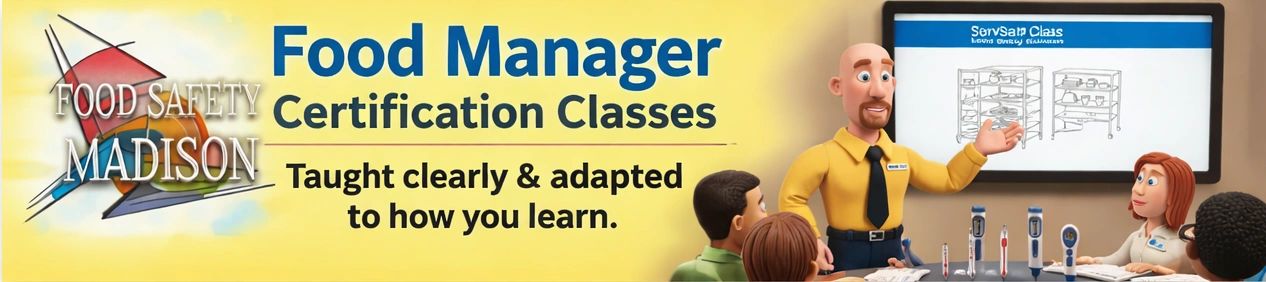 Animated instructor teaching food safety certification to attentive students.