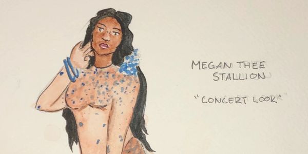 Watercolor and ink rendering of Megan Thee Stallion in custom designed outfit by Zahrah M.