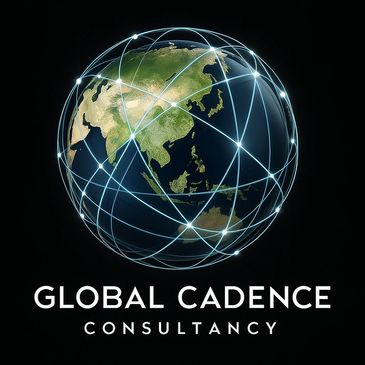Glowing network lines encircle Earth above the text 'Global Cadence Consultancy'.