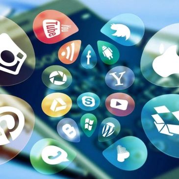 Floating social media and tech icons over a blurred smartphone background.