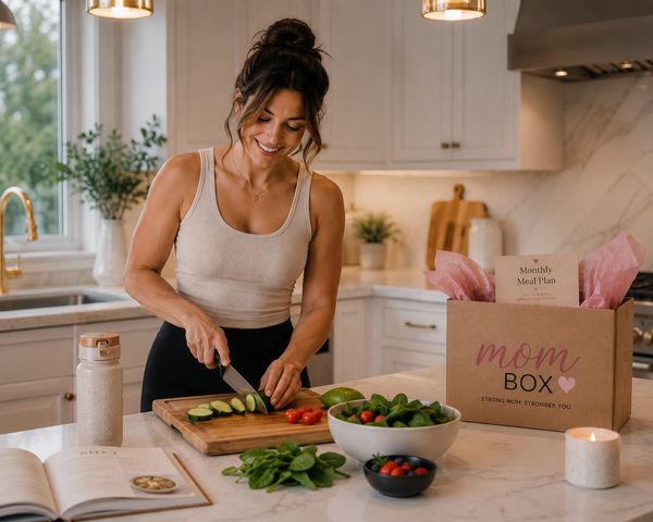 A woman happily prepares fresh vegetables in a bright kitchen with a meal box.