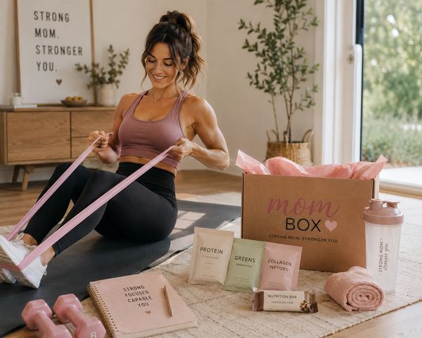 Fit woman exercising with resistance bands surrounded by fitness and nutrition products.