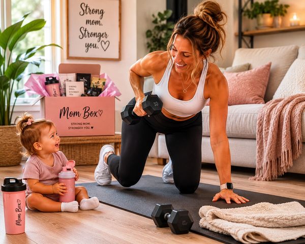 A mother exercises with dumbbells while her baby watches, surrounded by Mom Box products.