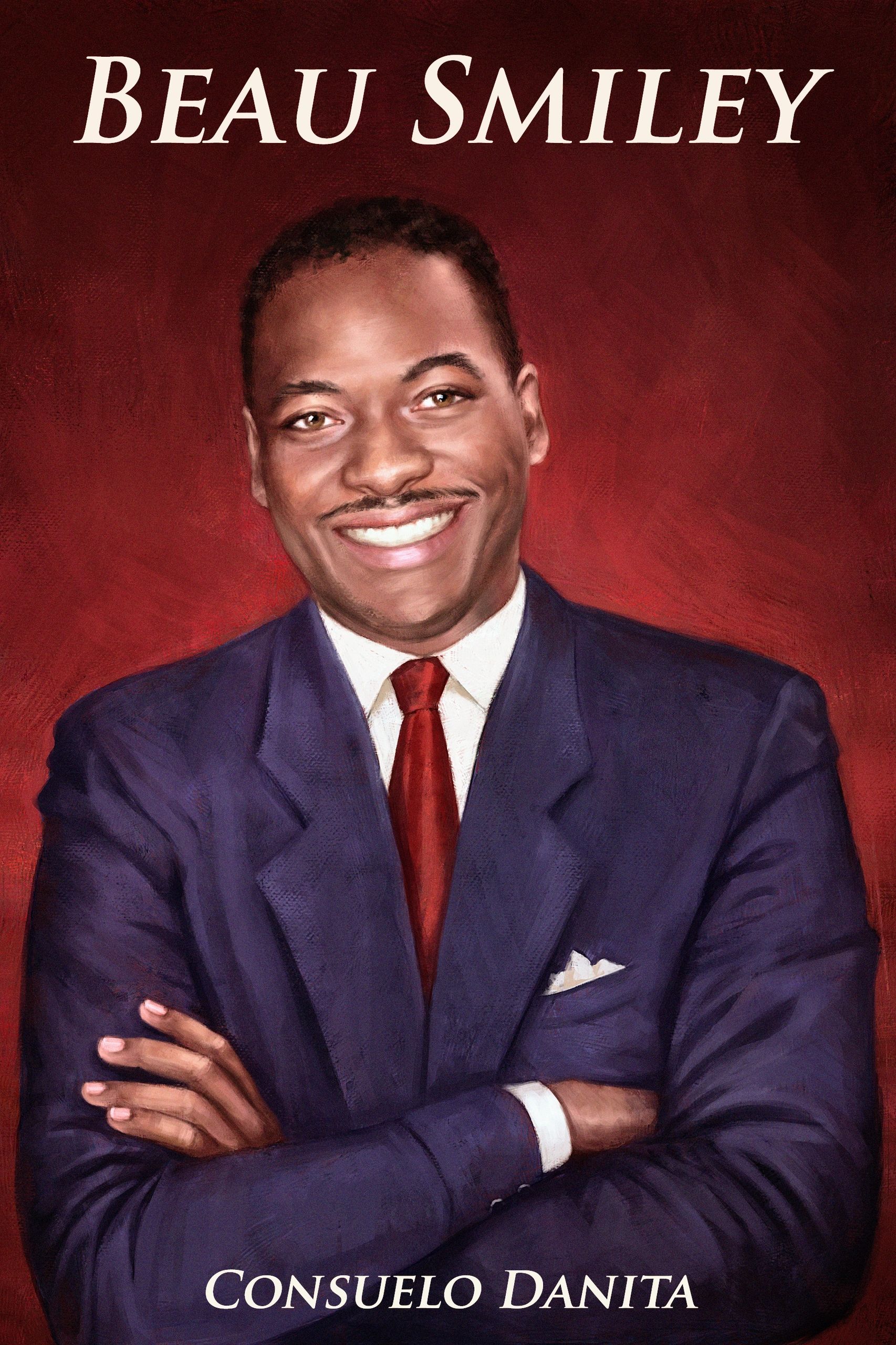 Black male. Warm brown eyes. Charming smile.  Strong presence.   Power suit Arms folded. Successful