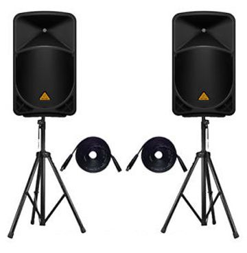 2x Behringer Eurolive speakers with stands for hire along with the necessary cables