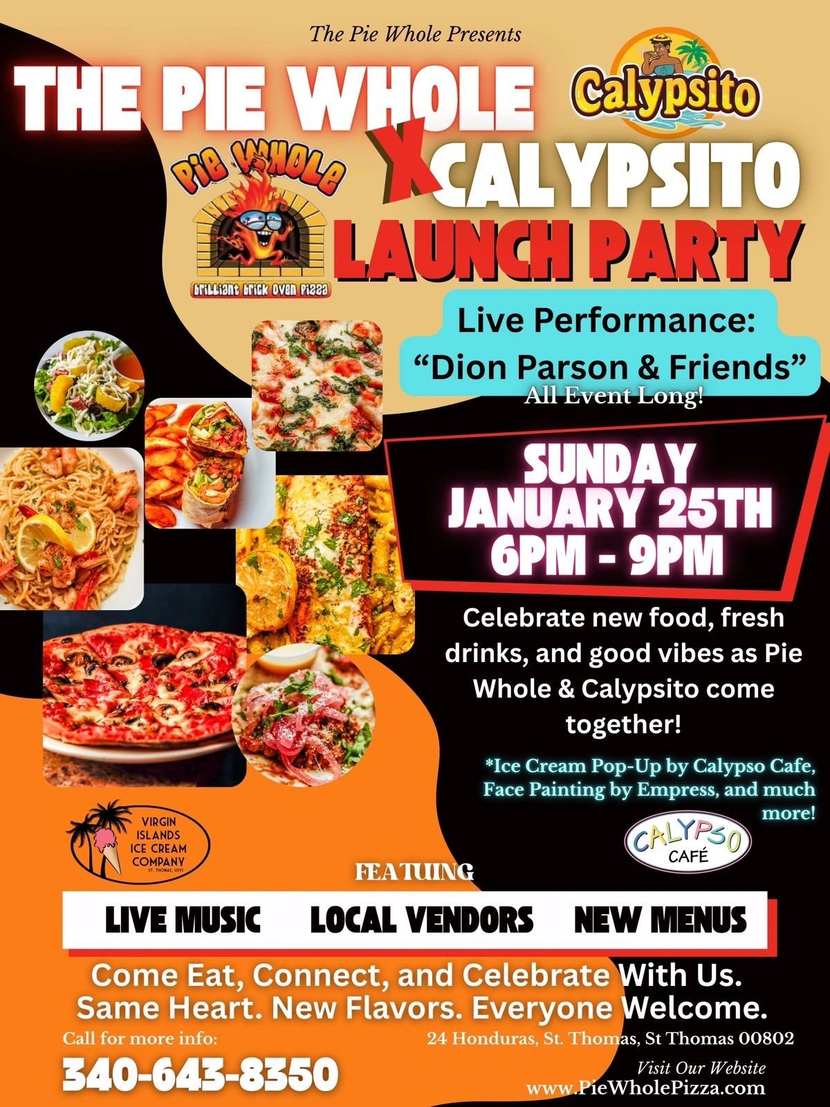 Flyer for The Pie Whole x Calypsito Launch Party in St. Thomas, USVI on January 25, 2026, featuring 