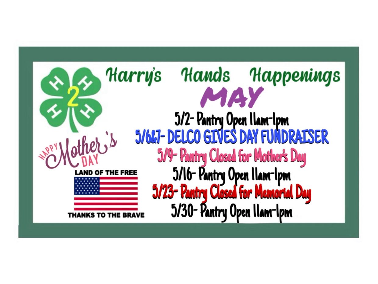 May events for Harry's Hands including pantry hours and special fundraisers.
