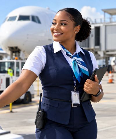 Smiling female airline staff at airport apron.