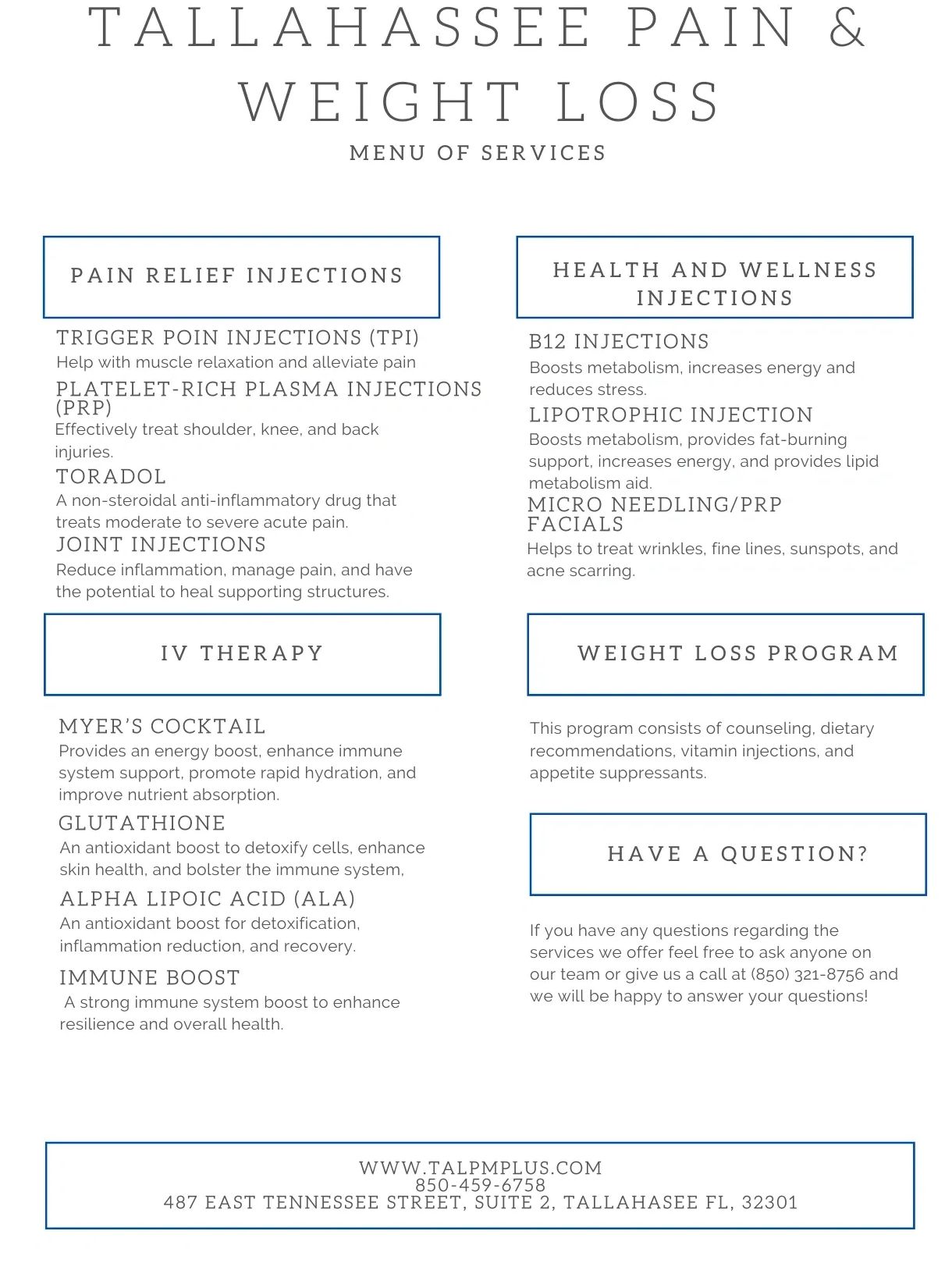 Tallahassee Pain and Weight Loss PIP Injections, IV Therapy, Menu of