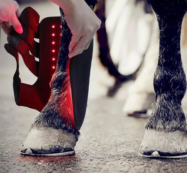 High-tech protective leg gear being placed on a horse.