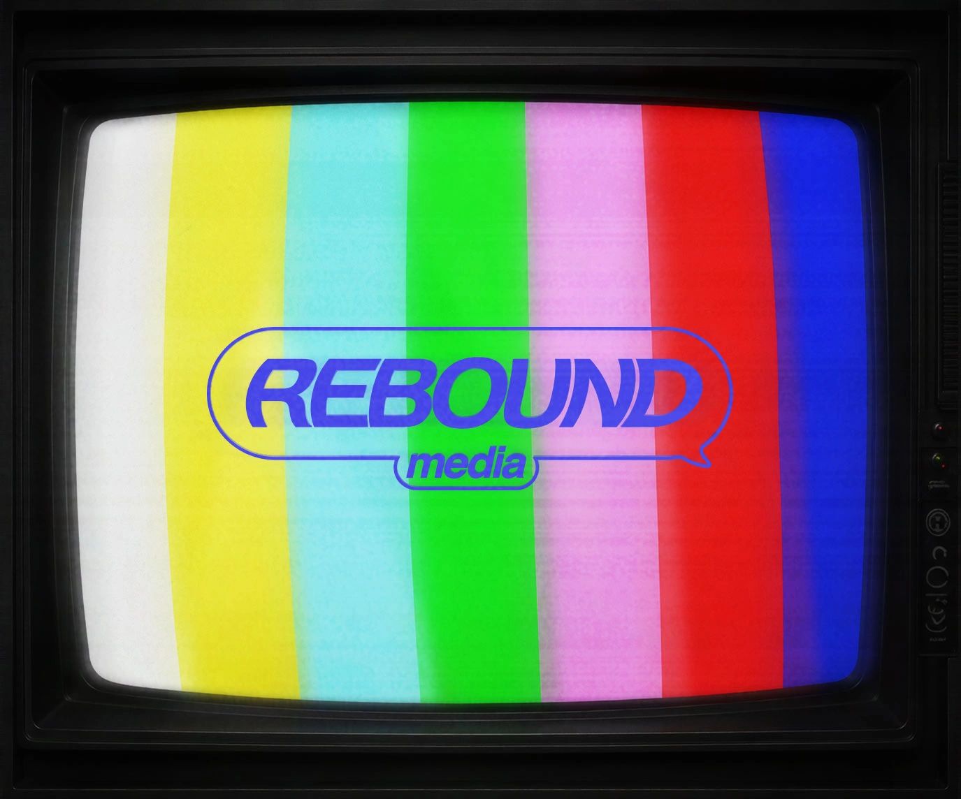 Retro TV displaying colorful test bars with 'REBOUND media' logo.