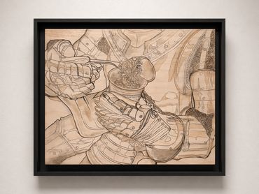 Detailed sketch of a knight's armored hand pouring liquid into a helmet.