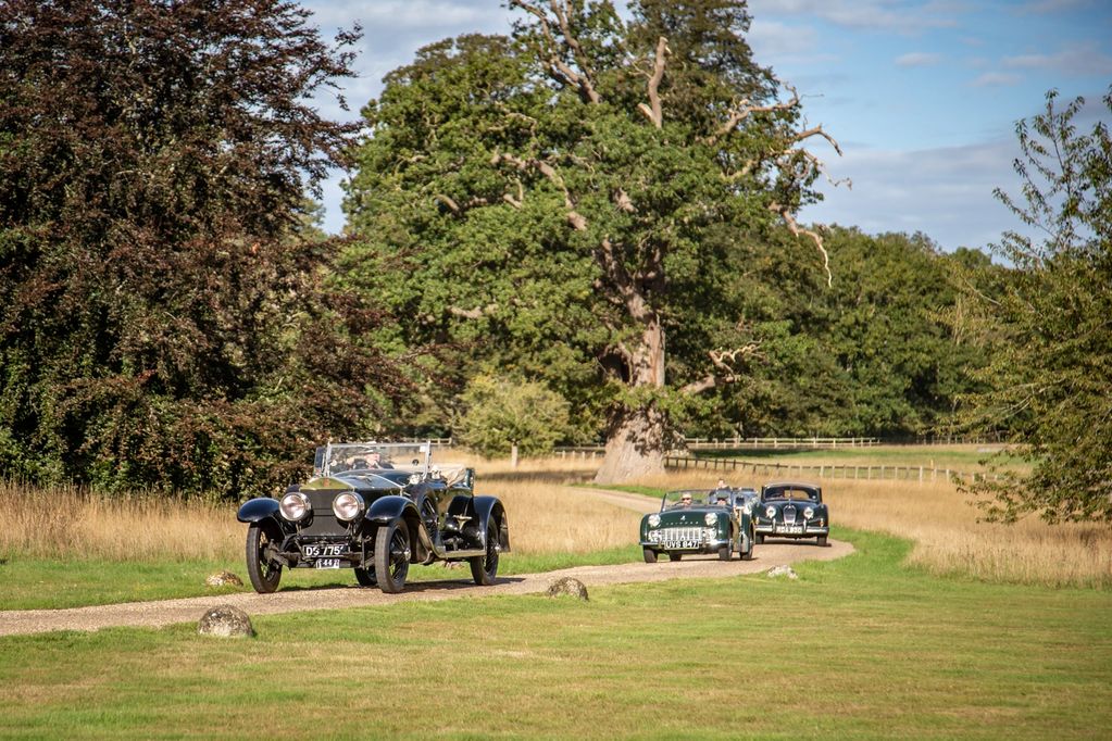 Rolls-Royce Silver Ghost, Triumph TR3A, Jaguar  XK140 Drophead and Jaguar XK120 Roadster arriving at