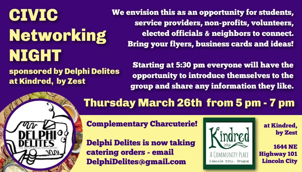 Civic Networking Night sponsored by Delphi Delites. Free charcuterie. 3/26/26 from 5-7pm