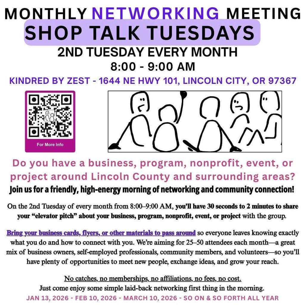 Shop Talk 2nd Tuesdays 8-9am Coffee provided, no menu available - bring snacks, network with peers