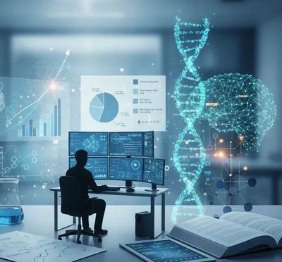 Scientist analyzing data with digital DNA and brain models in a futuristic lab.
