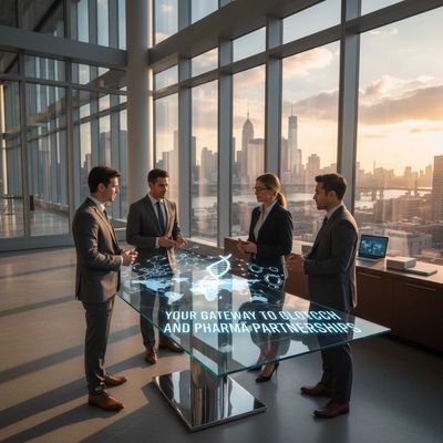 Business professionals discuss pharma partnerships around a futuristic holographic table in a high-rise office.