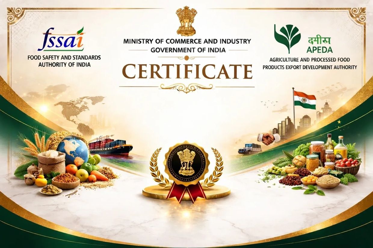 Certificate from Indian Ministry of Commerce for food safety and export.