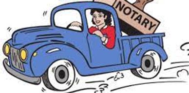 Cartoon image of a female notary public in a  blue truck with large notary stamp in the tray.
